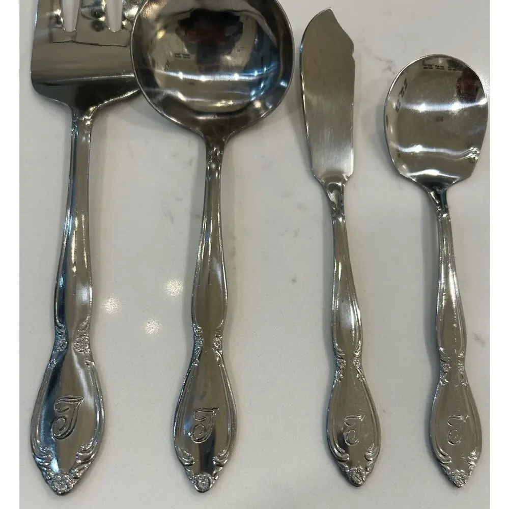 Vtg 4 Pc Serving Utensils “T” Monogram Custom Made Floral Stainless Flatware EUC